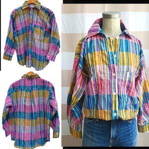 CONRADO Madras PLAID Colorful Kelsey MULTI-STRIPE Button Down BLOUSE Top – NWOT!